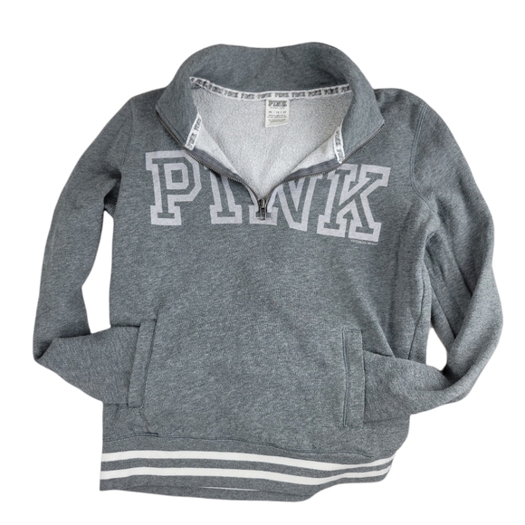 Victoria Secret PINK Grey Iconic Logo Pullover Quarter Zip Sweater Size XS - Picture 2 of 9